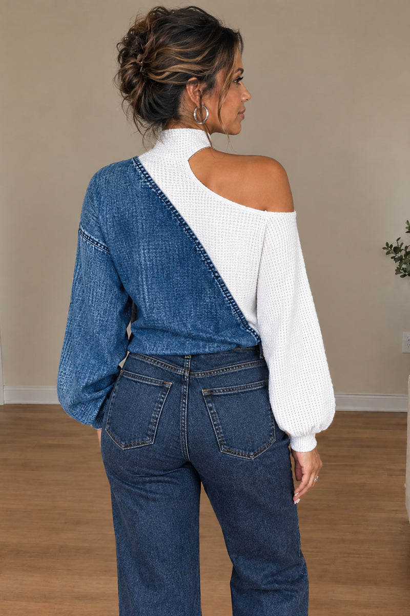 Women's Chic Asymmetric Cold Shoulder Color Block Waffle Knit White Sweater