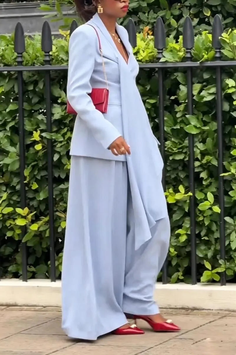 Women Collar Splicing Blazer+ Wide Leg Pants Temperament Commuting Formal Suit