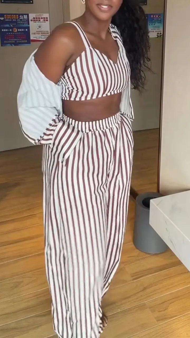 Women Collar Vertical Stripe Casual Three Piece Set