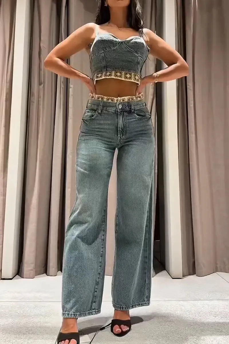 Women Sexy Casual Camisole Patchwork Top or Washed Wide Leg Jeans