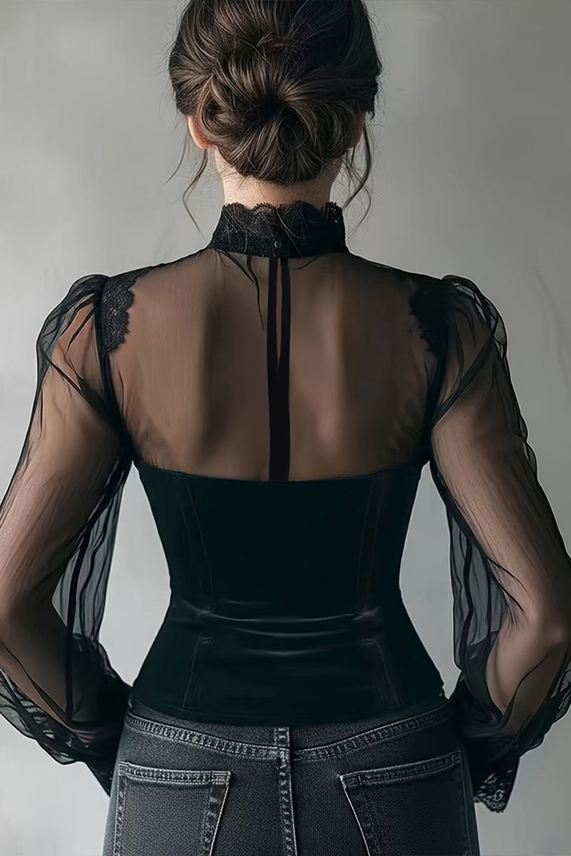 Women's Mesh Spliced Hollow Flared Sleeve Tie Elegant Temperament Top