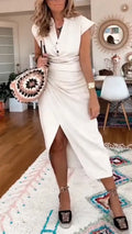 Women Collar Splicing Short Top + Slit Skirt Casual Set