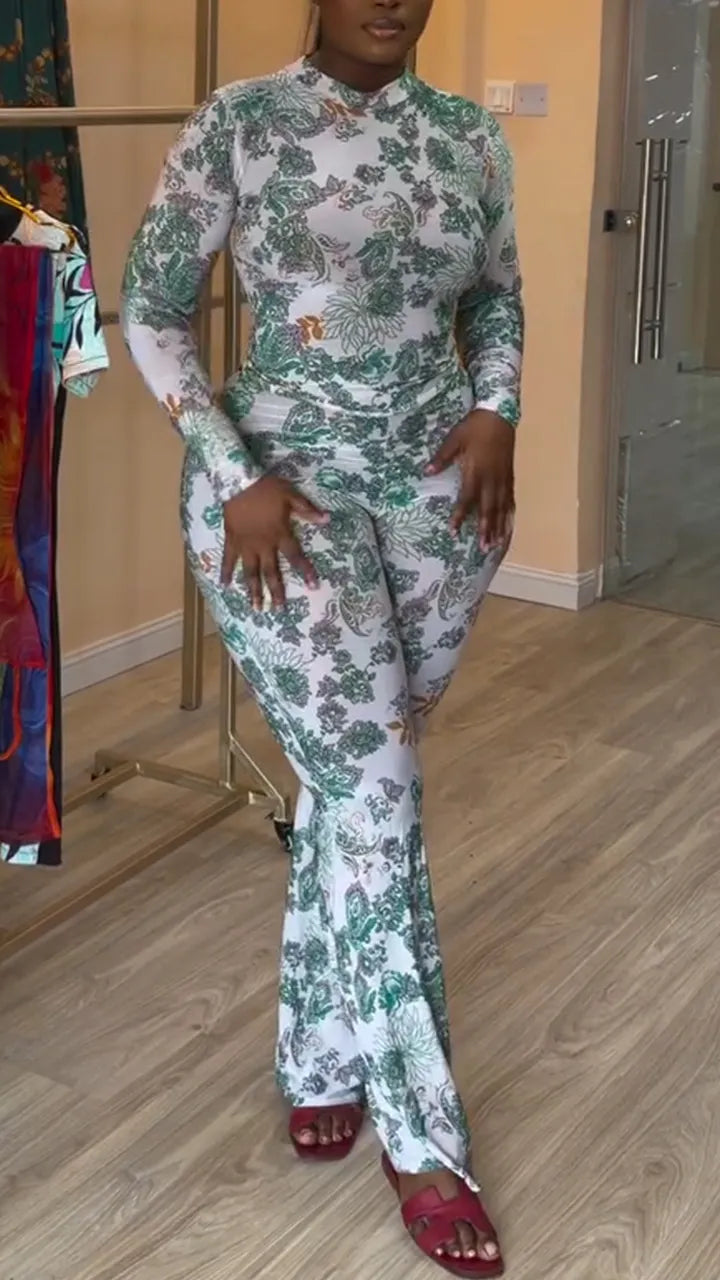 Women Round Neck Printed Long Sleeved Top + Pants Casual Suit