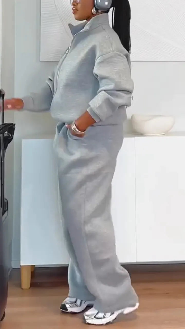 Women Standing Collar Jacket+ Pants Sports and Casual Suit