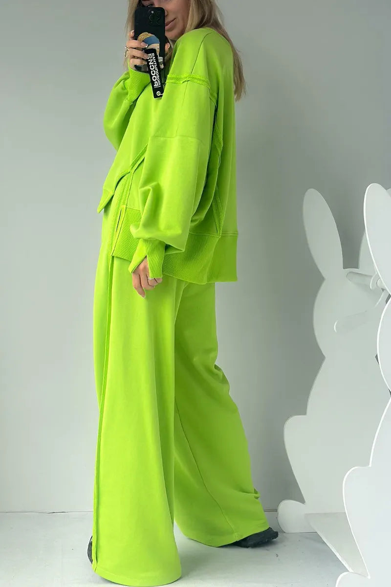 Women Round Neck Spliced Sweatshirt + Drawstring Pants Casual Set