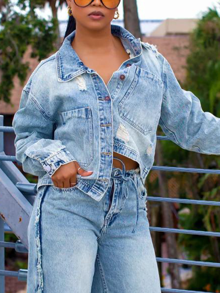 Women Collared Jacket + Pants Casual Denim Set