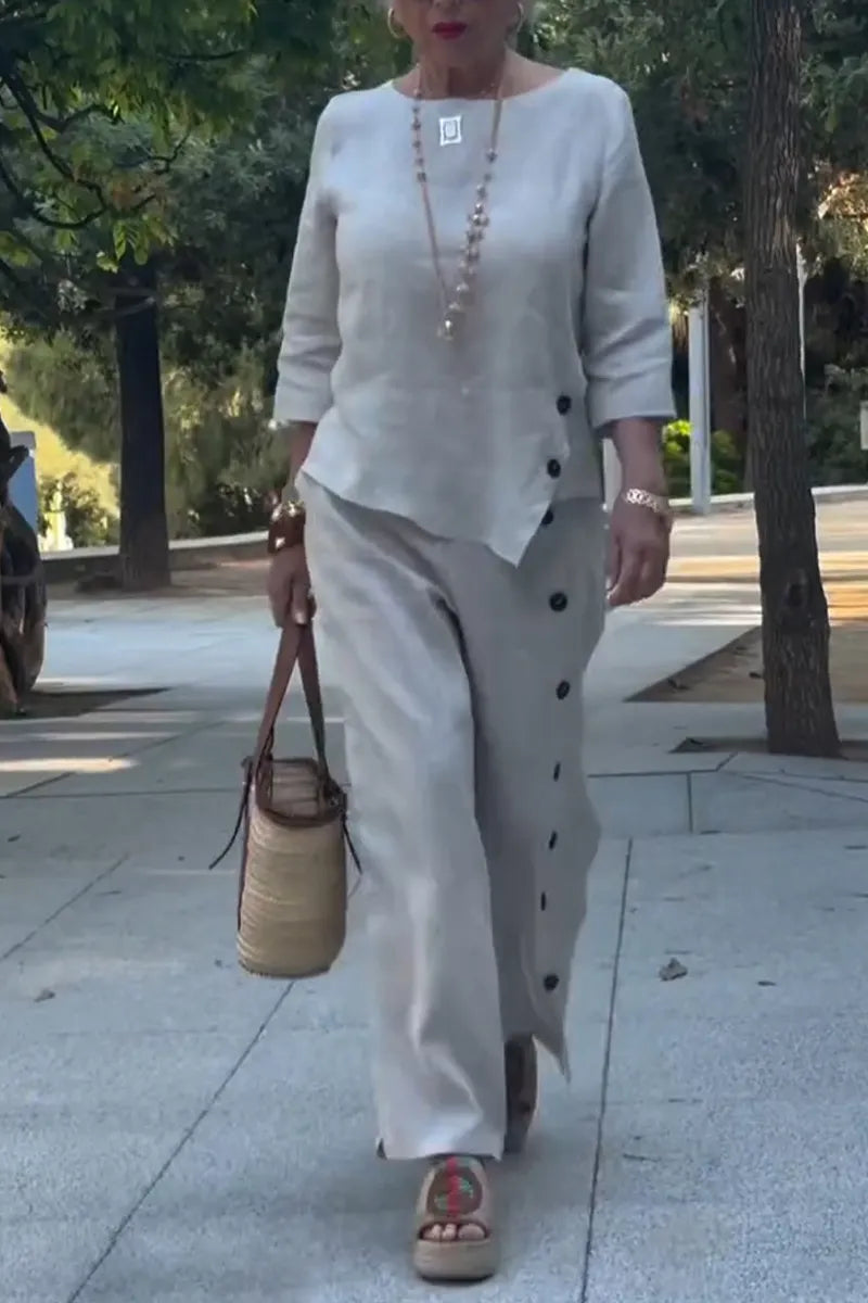 Women Round Neck Top + Breasted Pants Casual Cotton and Linen Set