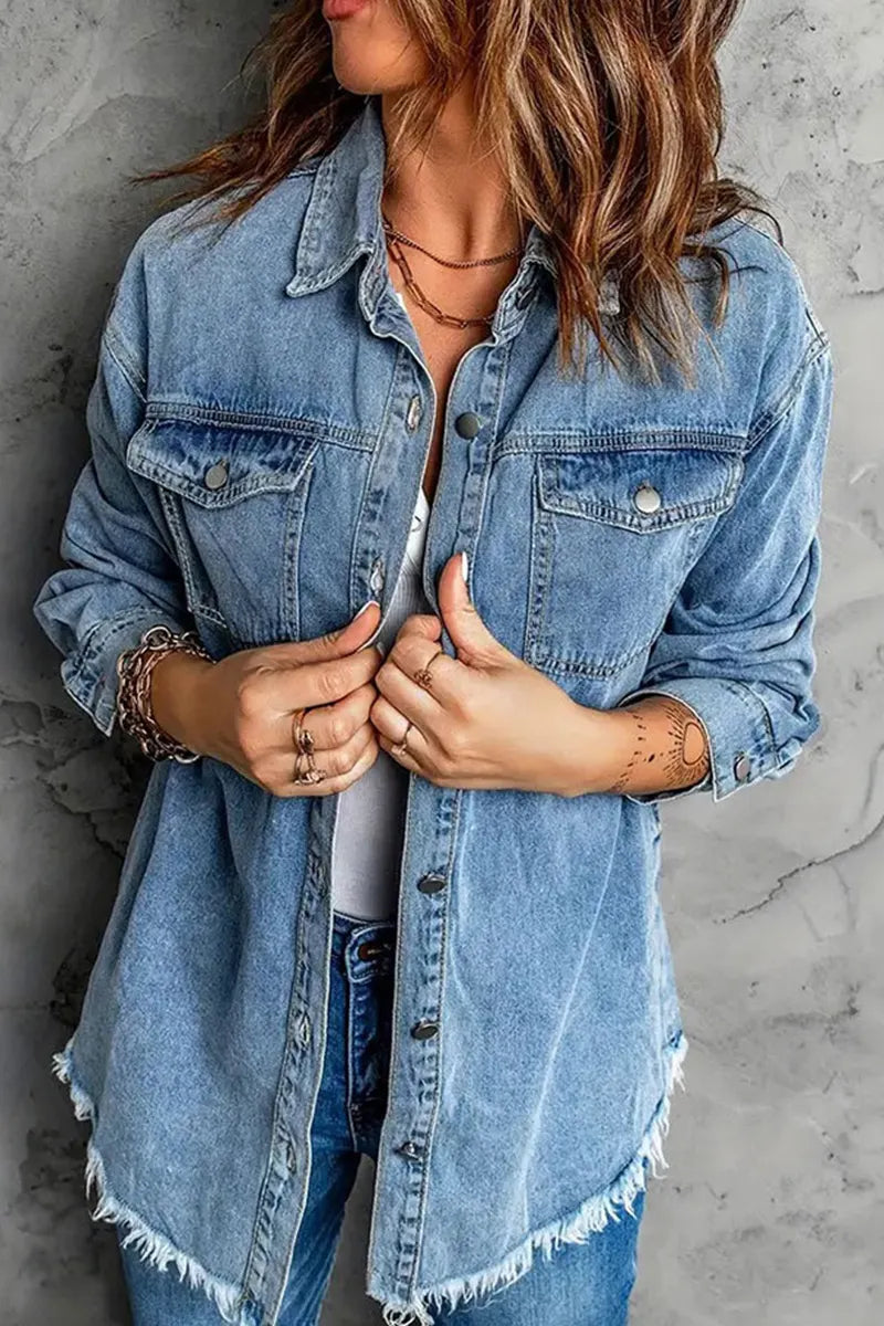 Women' s Distressed Denim Coat With Frayed Hem Detail