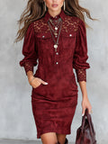 Faux Suede Lace Yoke Puff Sleeves Red Mini Dress