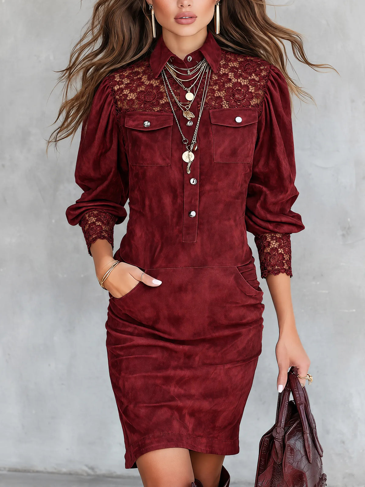 Faux Suede Lace Yoke Puff Sleeves Red Mini Dress