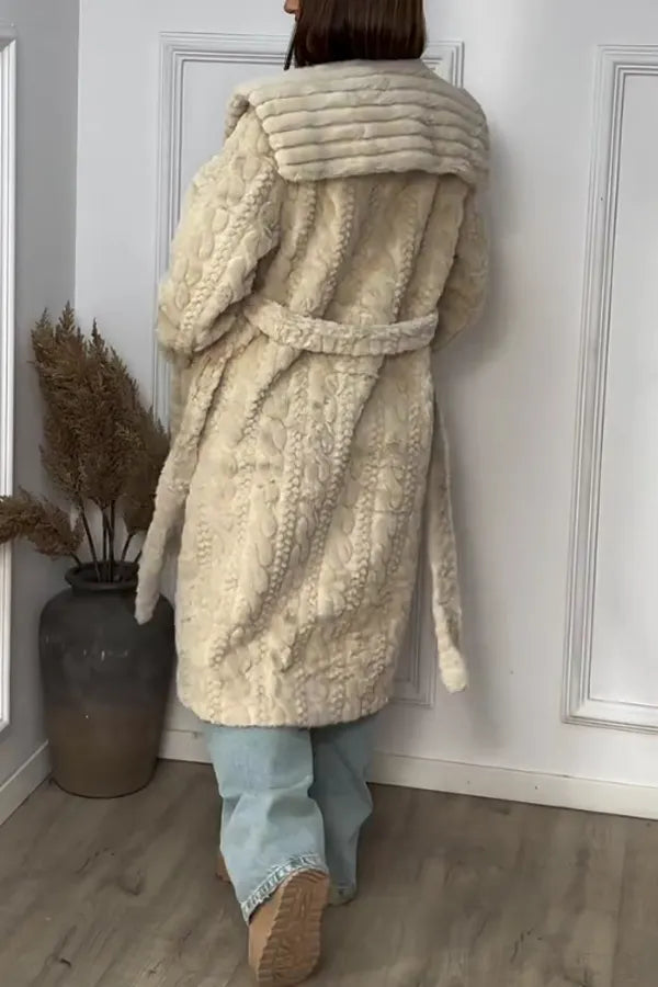 Women Casual Soft Textured Pattern Tie-up Plush Warm Coat
