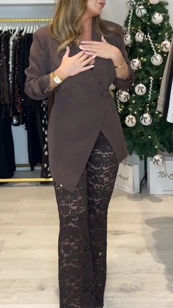 Women Irregular Jacket+ Printed Hollow Lace Pants Temperament Commuting Set