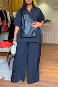 Women Collar Patchwork Leather Jacket+ Wide Leg Pants Casual Temperament Casual Suit