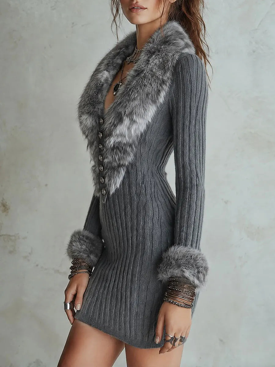 Detachable Faux Fur Collar Grey Ribbed Knit Slim Fit Mini Dress With Button Front