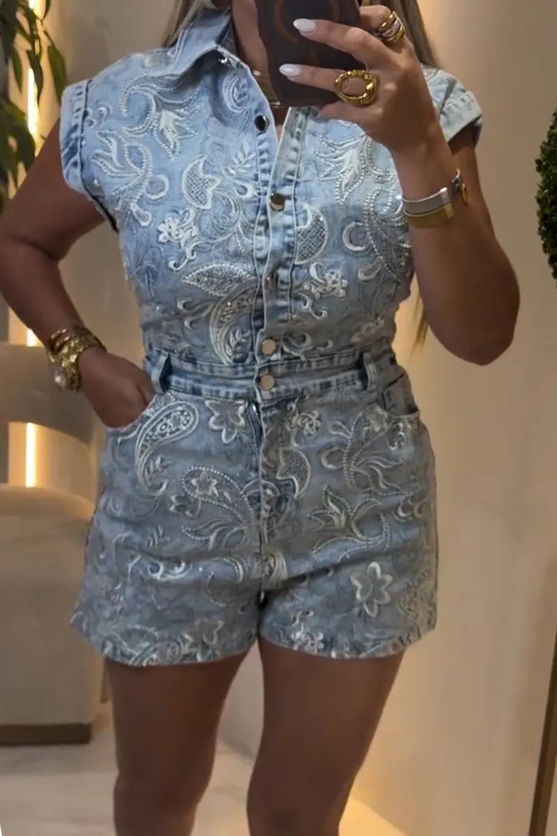 Women Collar Patchwork Pattern Nail Bead Casual Short Denim Jumpsuit
