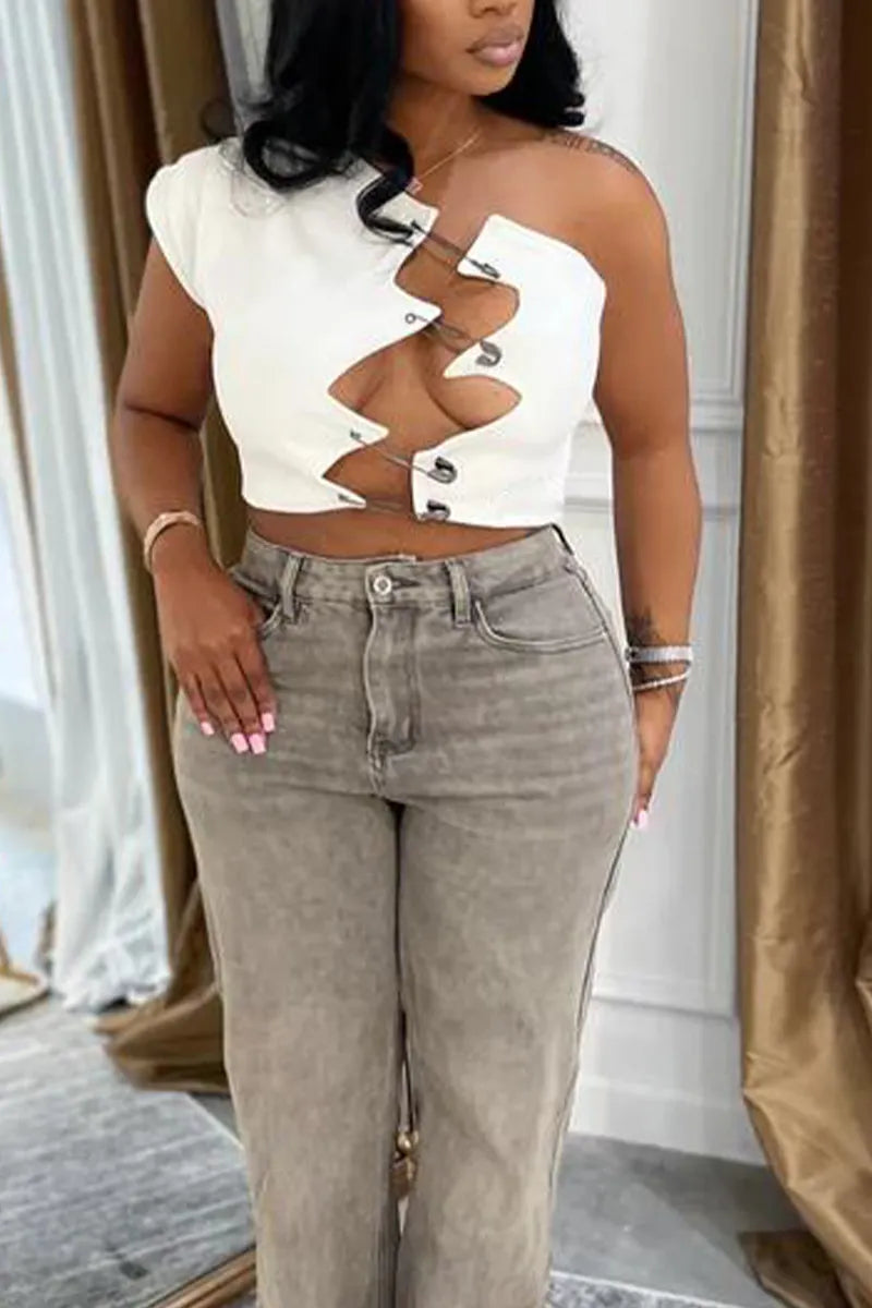 Women Irregular Pin Design Hollowed Out Sexy Casual Top