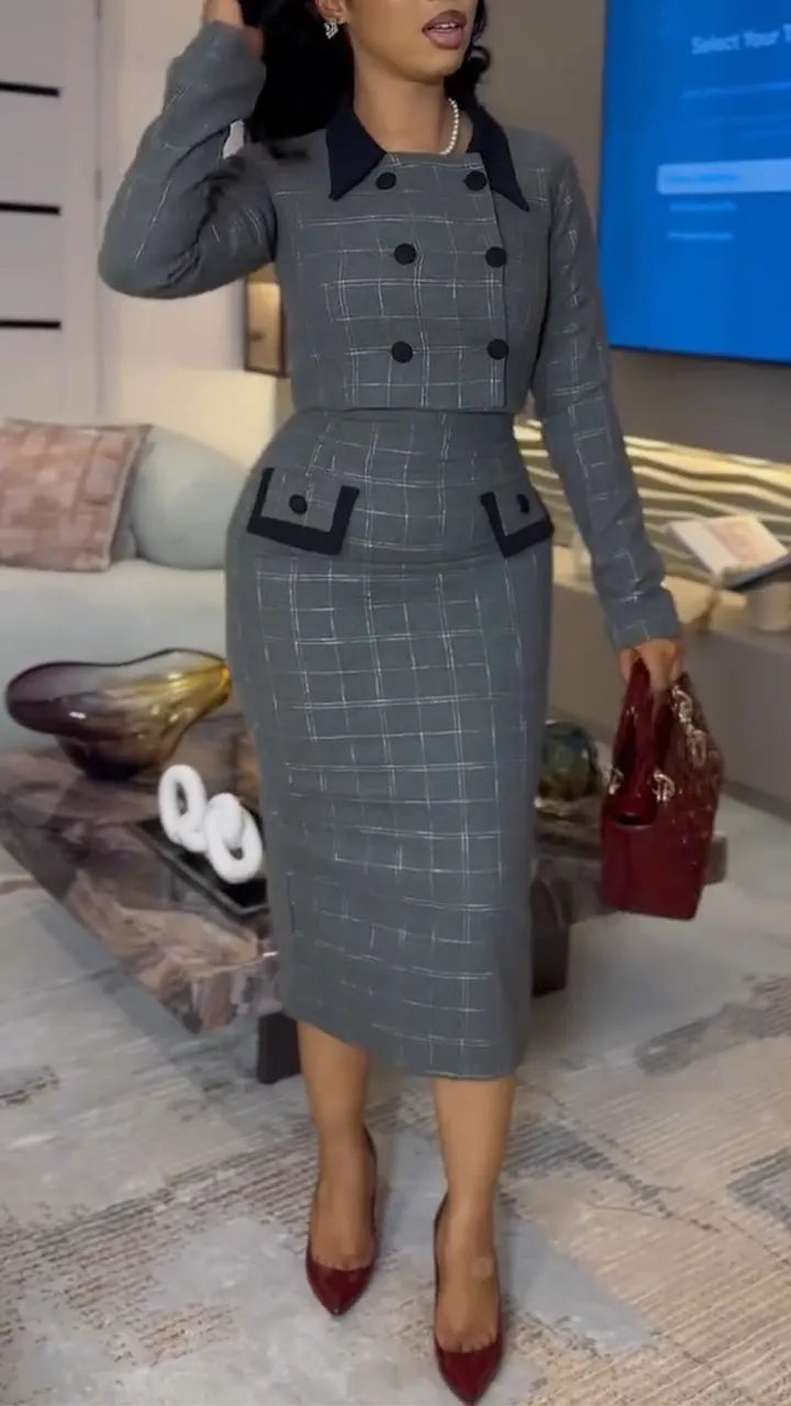 Women Inner Camisole Plaid Dress + Jacket Style Commuting Suit