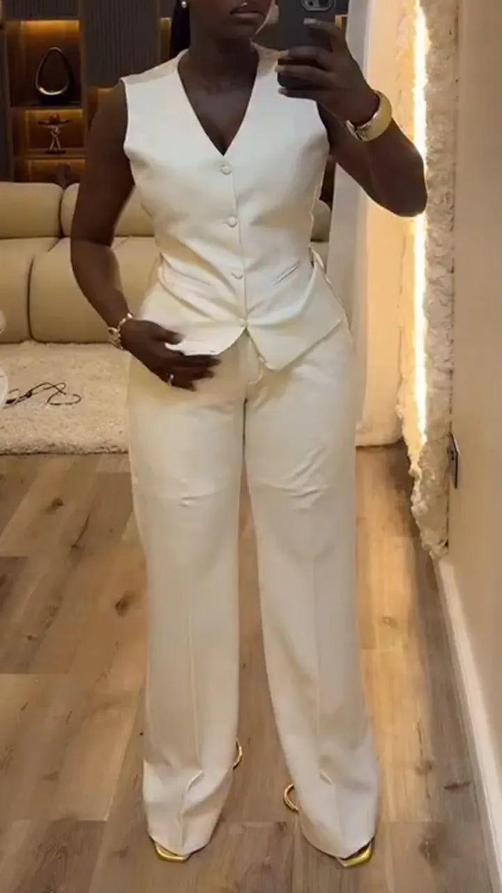 Women V-neck Top and Pants Solid Color Casual Suit