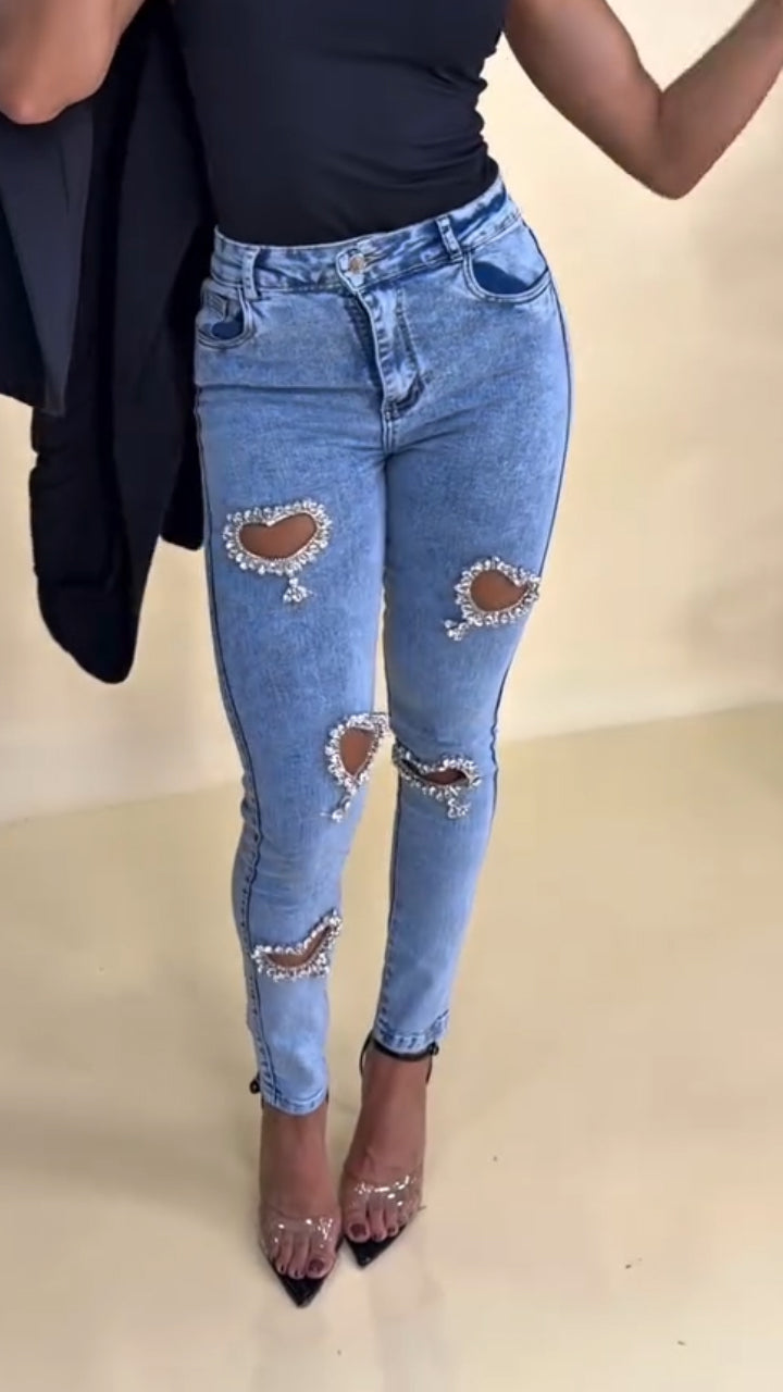 Women Heart-Shaped Rhinestone Hollow Casual Jeans