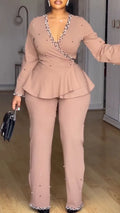 Women V-neck Nail Bead Top + Pants Temperament Commuting Suit