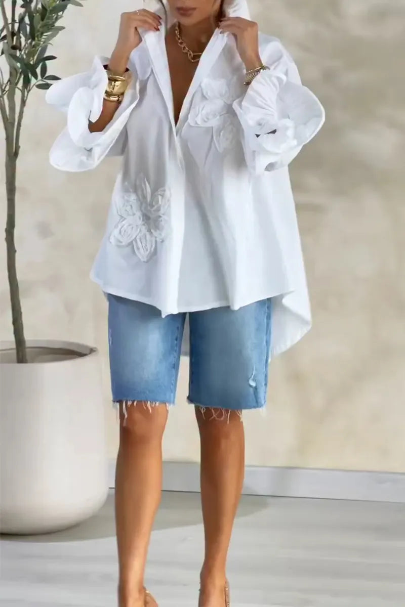Women's Casual Loose Floral Decoration High Low Shirt