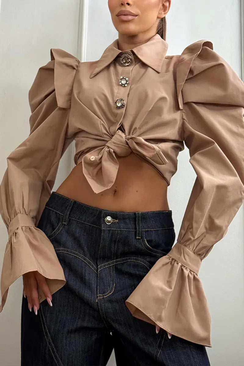 Women's Fashion Leg of Mutton Sleeve Button Decoration Shirt
