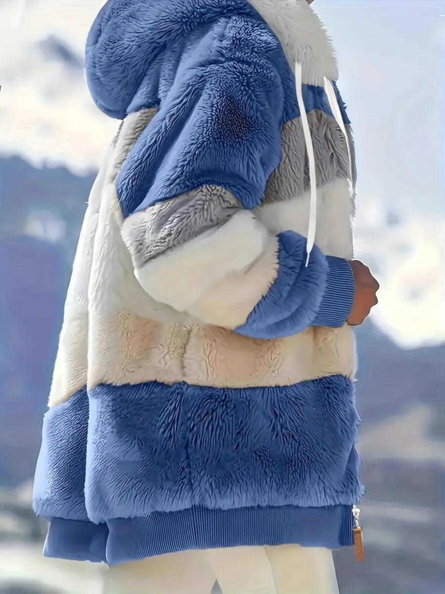 Women's Hooded Contrasting Color Casual Plush Coat