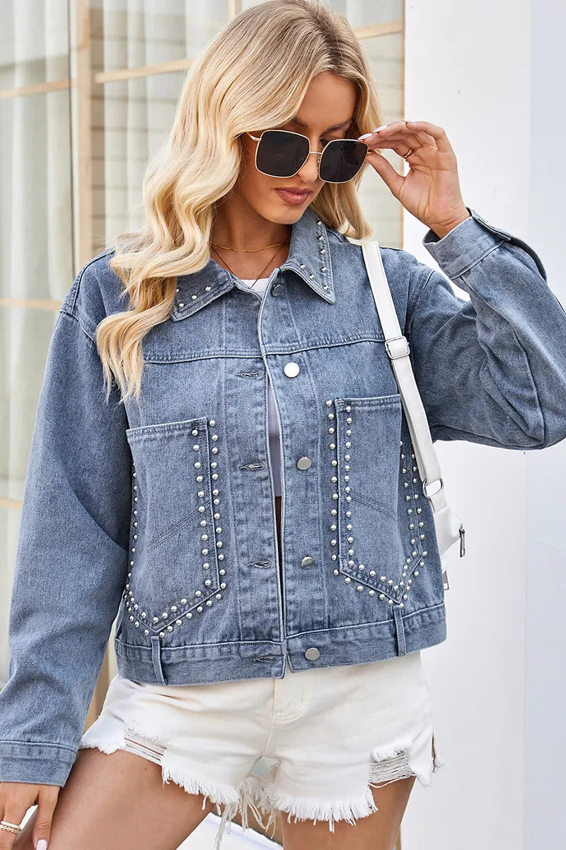 Casual Punk Studded Cropped Denim Jacket