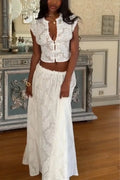 Women Round Neck Lace Printed Top+ Half Skirt Elegant Temperament Set