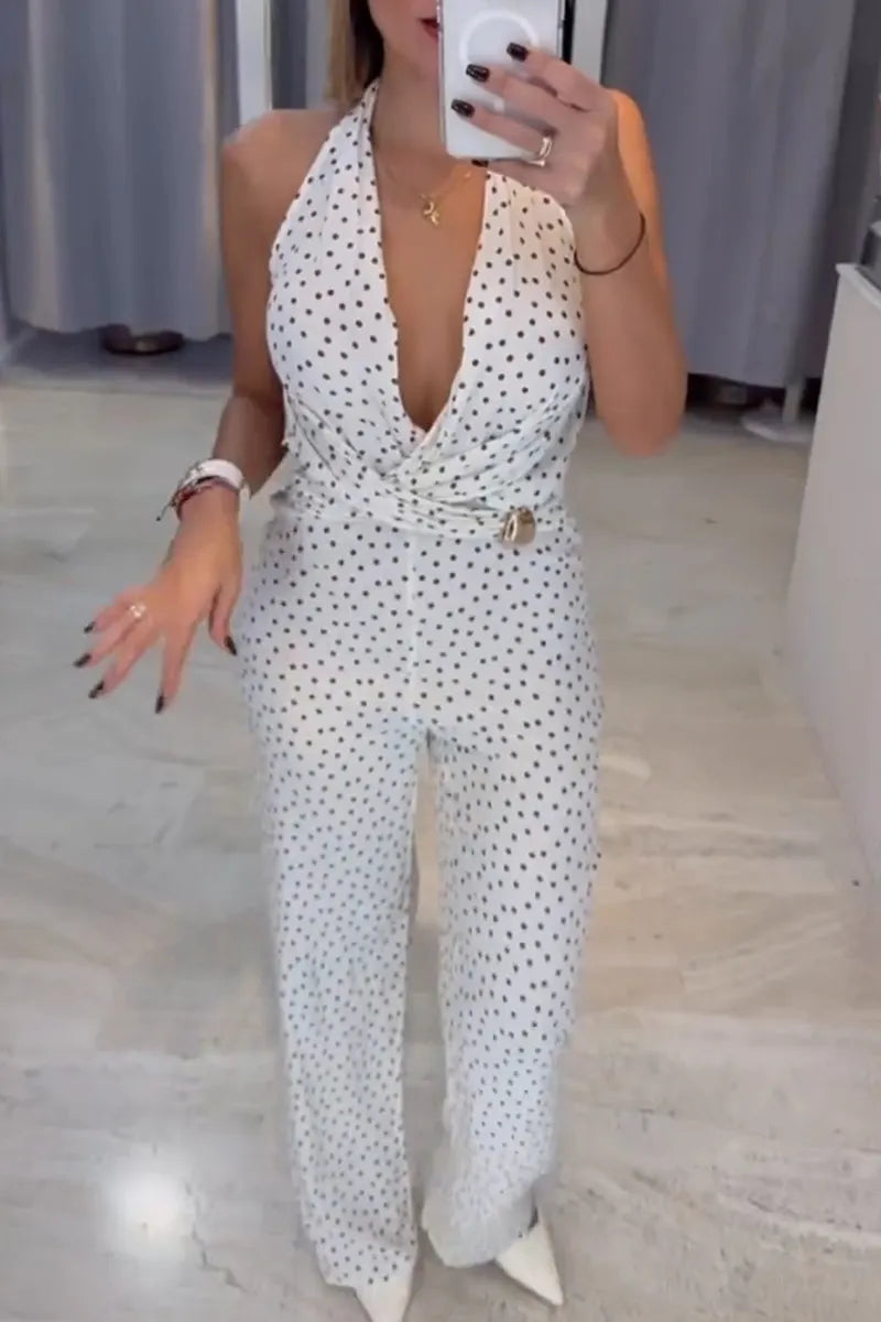 Women's Casual Polka Dot V-Neck Halter Jumpsuit