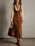 Vintage Camel Button Front Suede Vest Dress & Blouse Set