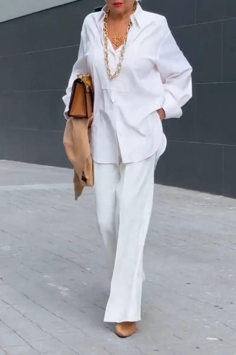 Women Temperament Casual Collar Solid Color Shirt or Wide Leg Pants