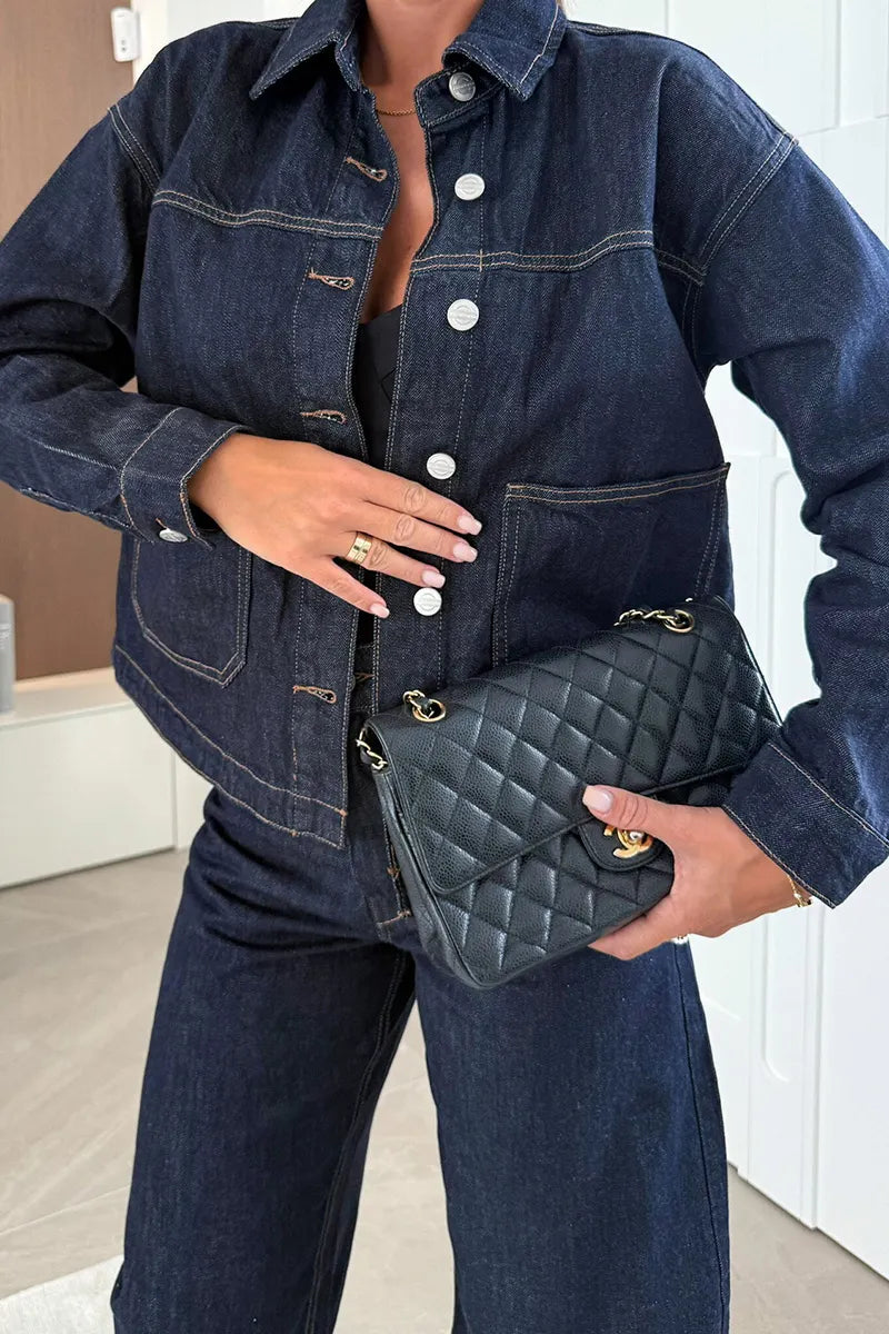 Women's Edgy Streetwear Dark Blue Denim Jacket