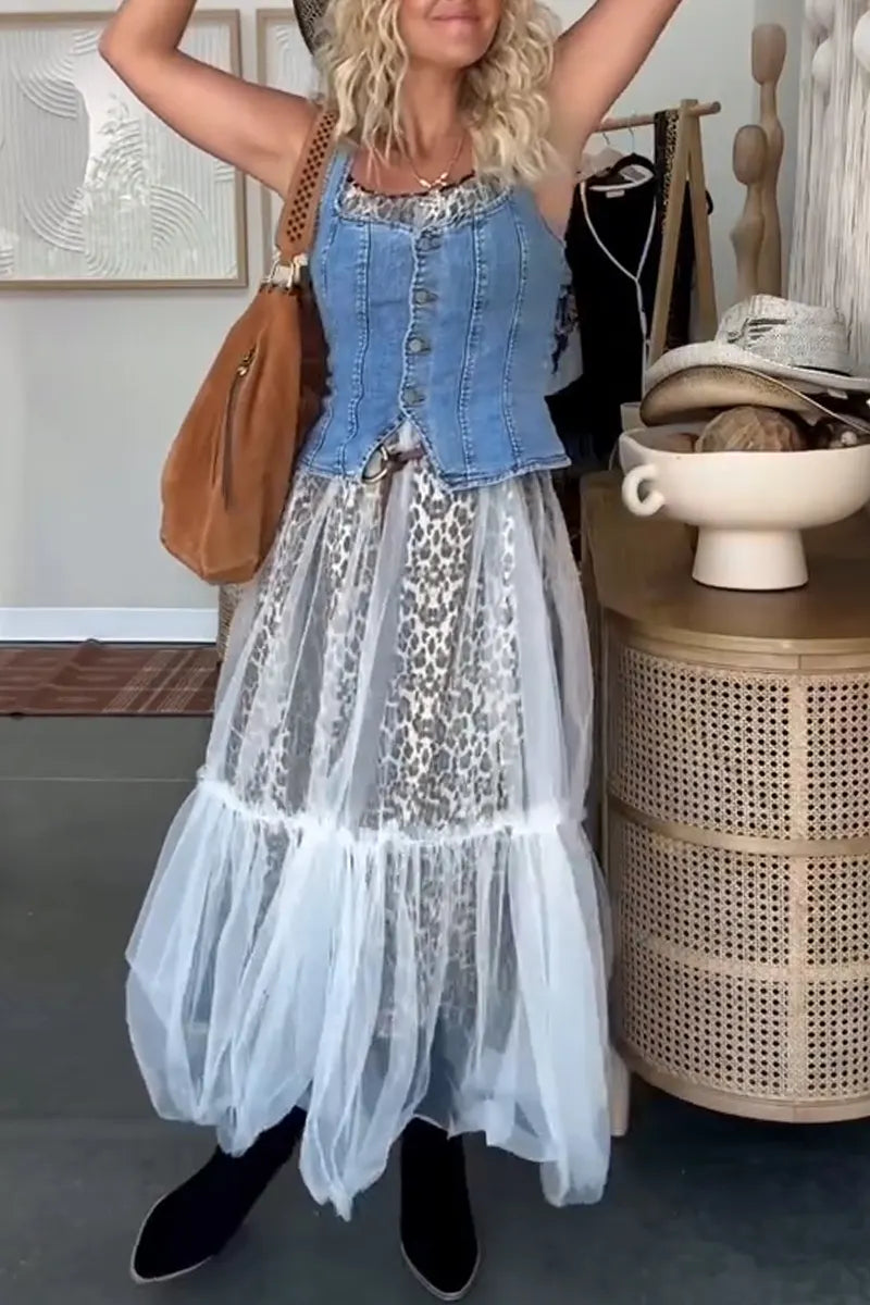 Women Casual Camisole Patchwork Leopard Print Dress or Denim Vest