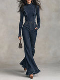 Ribbed High-neck Ruffle Trim Top & High-Waisted Ruffle Hem Flare Jeans Set