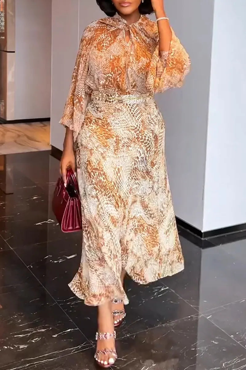 Women Round Neck Printed Top+ Half Skirt Elegant Casual Set
