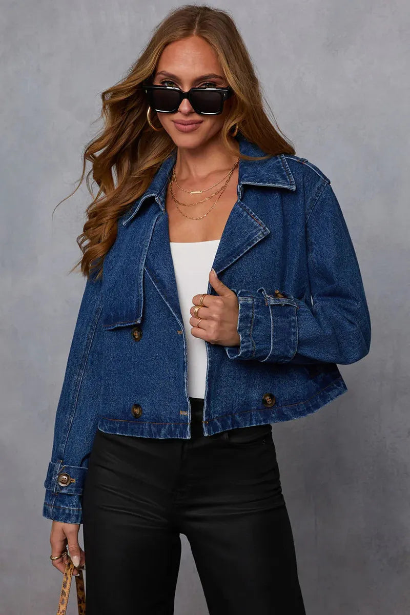 Women's Washed Denim Lapel Neck Cropped Jacket
