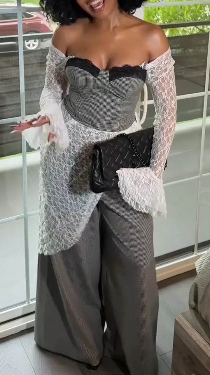 Women Sexy Casual Strapless Patchwork Lace Pattern Irregular Top + Wide Leg Pants