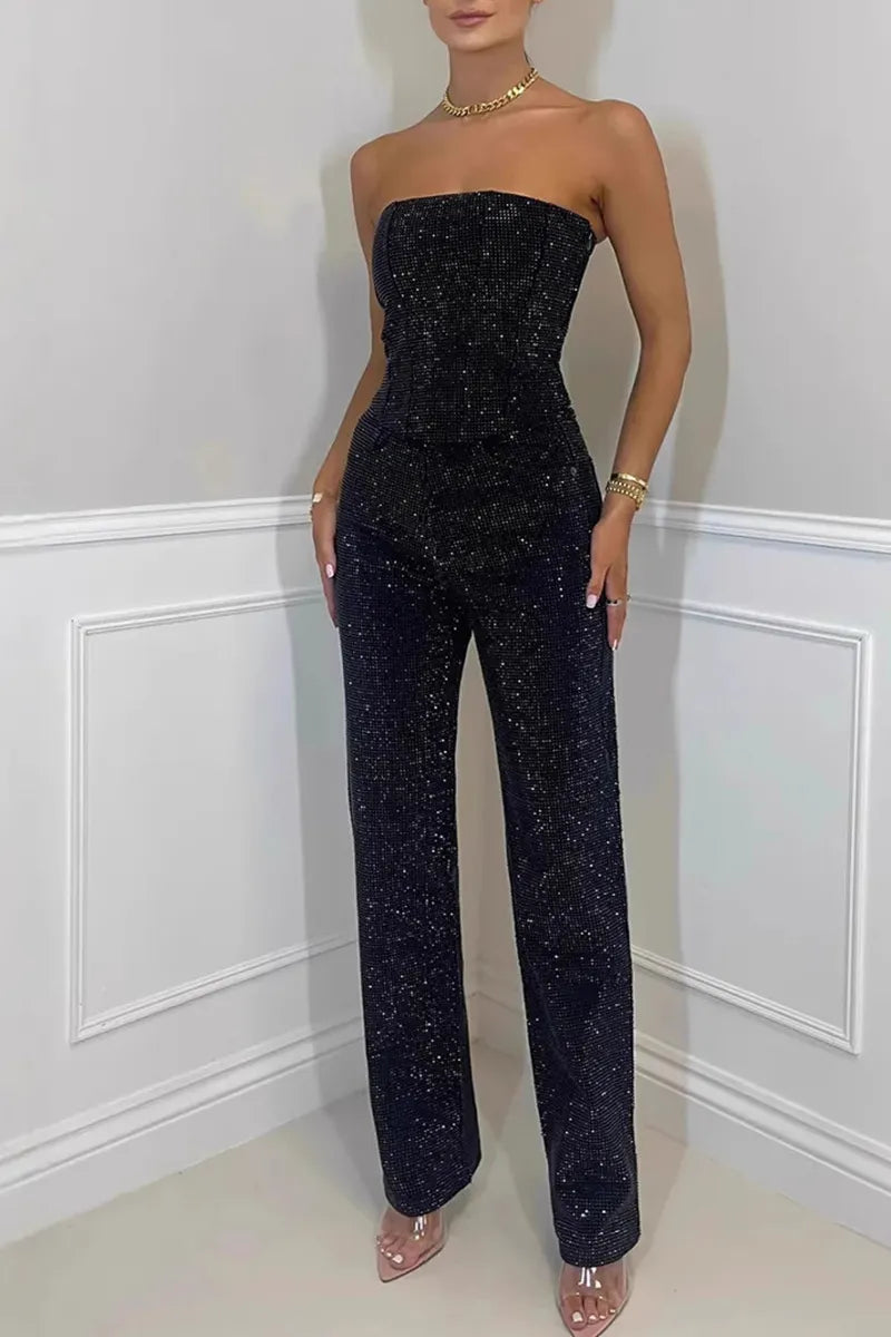 Ladies' Sexy Off Shoulder Sparkling Camisole With Diamond Trim Pants