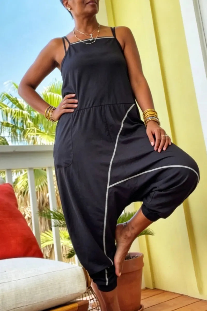 Women Spaghetti Strap Patchwork Loose Casual Jumpsuit