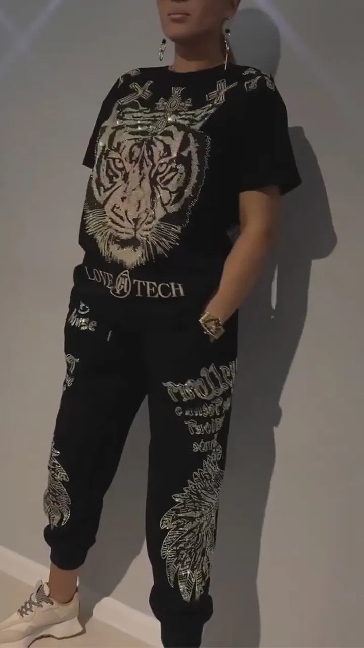 Ladies' Round Neck Printed Tiger Hot Stamping Top + Pants Casual Set
