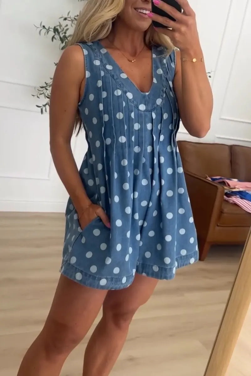 Women V-neck Polka Dot Casual Short Denim Jumpsuit