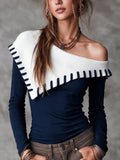 Women's Navy Asymmetric Fold-Over Collar Off-Shoulder Long Sleeve Top With Contrast Stitch Trim