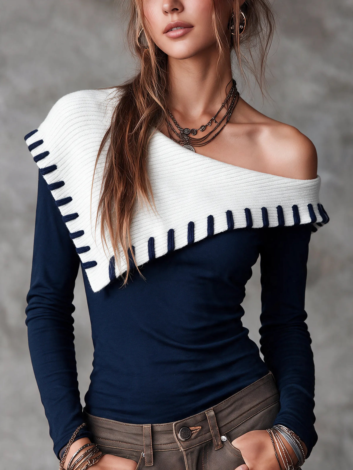 Women's Navy Asymmetric Fold-Over Collar Off-Shoulder Long Sleeve Top With Contrast Stitch Trim