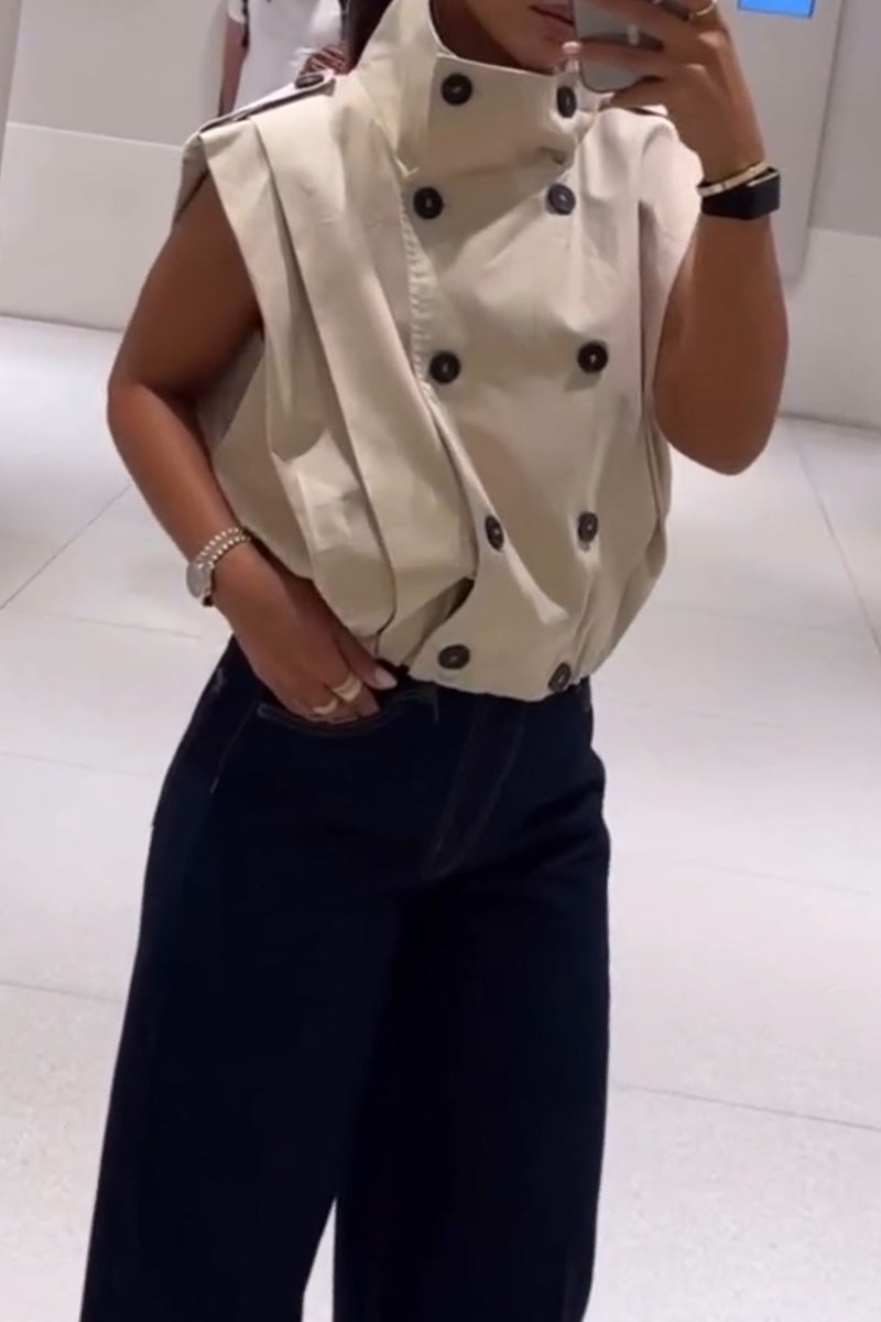 Women's Standing Collar Double Breasted Casual Jacket with Temperament