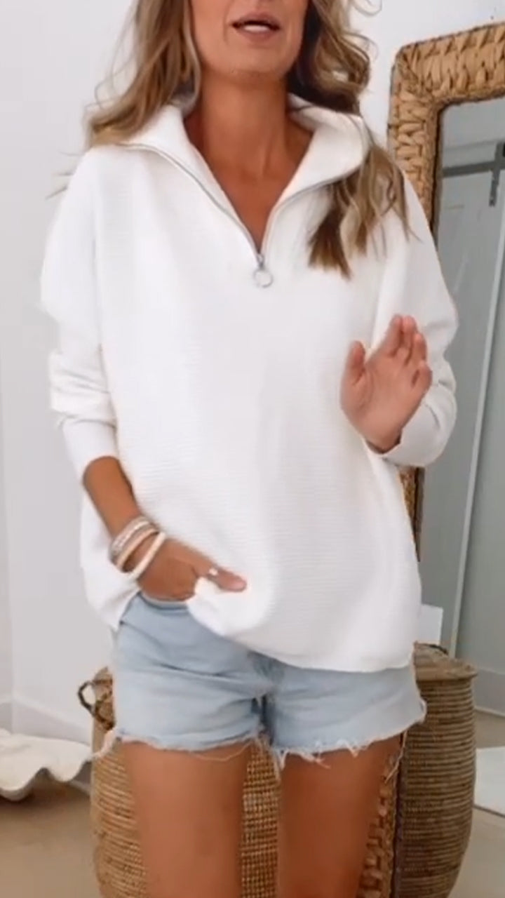 Women Lapel Half Zipper Casual Top
