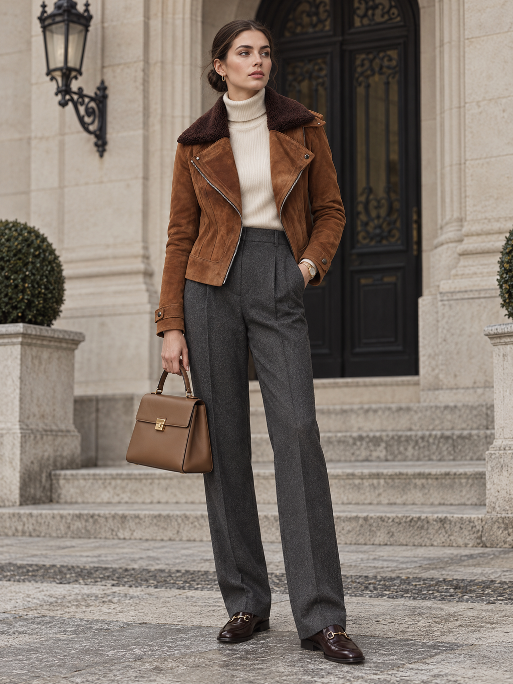 Boho Suede-Look Asymmetric Zip Moto Jacket with Faux Shearling Collar