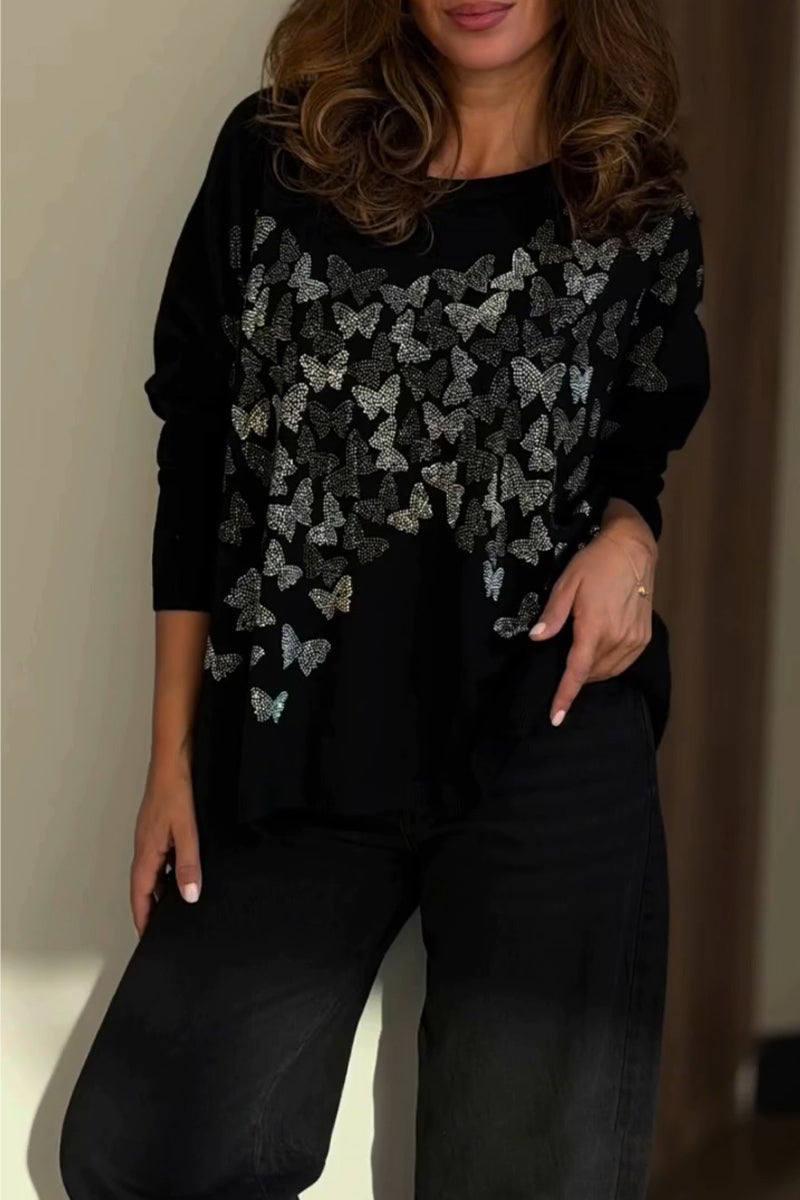 Women's Round Neck Butterfly Pattern Rhinestone Casual Top