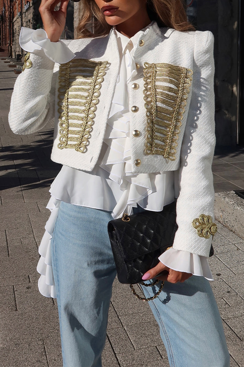 Women's Fashion Elegant Metallic Woven Decoration Button Short Jacket