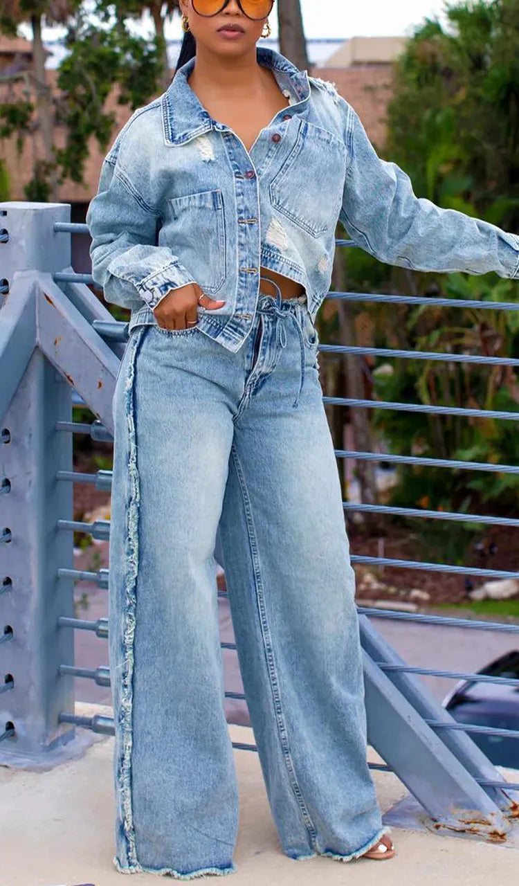 Women Collared Jacket + Pants Casual Denim Set